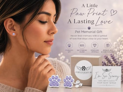 925 Sterling Silver Paw Print Stud Earrings with Jewelry Box and Sympathy Card, Pet Memorial Gift for Dog or Cat Loss Remembrance - color: Light Purple