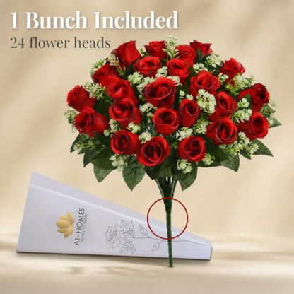 41cm Artificial Silk Red Rose Bush with Gyp & Foliage 24 Flower Heads- Wedding Grave Home Decoration (Red, 1 Bunch) - color: Red