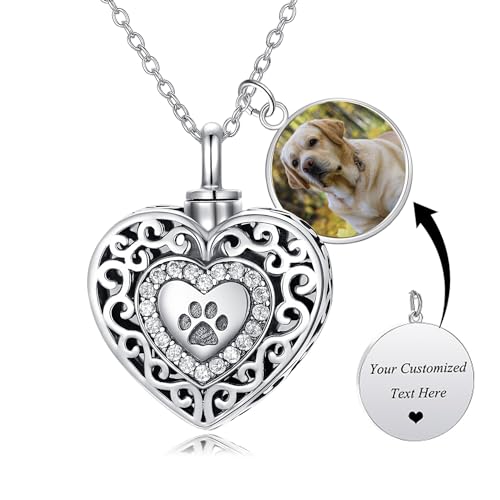 Filigree Dog Paw Urn Locket Necklace 925 Sterling Silver Print Pet Urn Necklace for Ashes Engraved Personalized Cremation Jewelry Pictures Keepsake Memorial Gifts for Women Men - style: A Custom Engraved