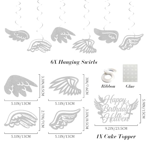Happy Birthday in Heaven Decorations, Silver Glitter Heavensent Banner Set | Pre-strung Banners, Angel Wings Hanging Swirls Cake Topper White Balloons, Funeral Remembrance Heavenly Party Supplies - color: Silver