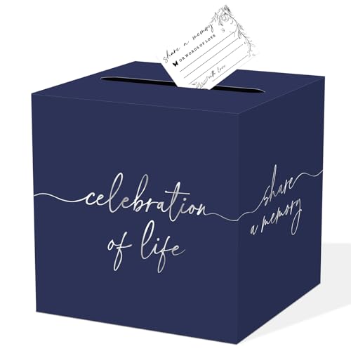QISOLIY Navy Blue Celebration of Life Card Box with Silver Lettering, Share a Memory Funeral Card Box for Memorial Service, Remembrance Table Decor, Memory Box for Sympathy Condolence Messages - color: Navy Blue Silver Box