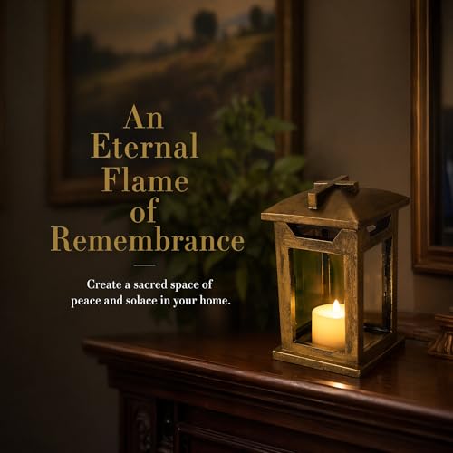 Cross Memorial Lantern - Antique Copper Resin Outdoor Cemetery Lantern with Real Glass, Christian Sympathy Gift for Loss of Loved One
