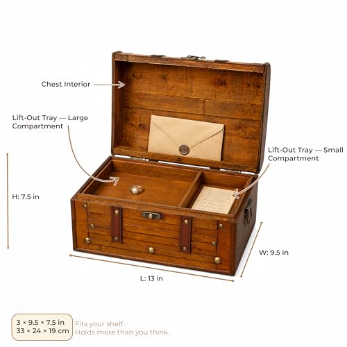 Antique Wooden Treasure Chest with Tray, Large Keepsake Box, 13x9.5x7.5 in - size: Large