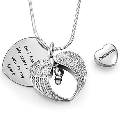 Norya God has You in his arms with Angel Wing Diamond Cremation Jewelry Keepsake Memorial Urn Necklace - color: Customize
