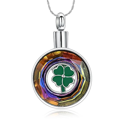 constantlife Cremation Jewelry Memorial Urn Necklace for Ashes Lucky Four-Leaf Clover Design Stainless Steel Pendant Keepsake - color: Z-Colorful Crystal