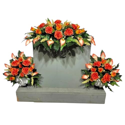 Realistic Artificial Cemetery Flowers - Silk Faux Floral Orange Rose and Calla Lily - Bouquet Pair for Grave - Headstone Saddle - 3 Memorial Decorations