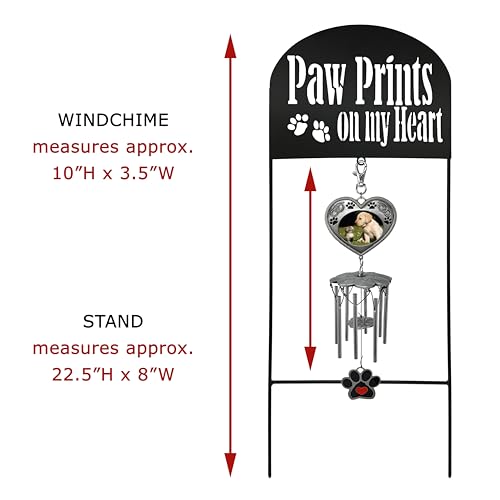 Pet Memorial Garden Stake with Wind Chimes & Photo Frame – Paw Prints on My Heart Pet Loss Gift for Dog or Cat Memorial – Black Wrought Iron Outdoor Grave Marker Sympathy Gift – 22.5"