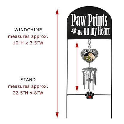 Pet Memorial Garden Stake with Wind Chimes & Photo Frame – Paw Prints on My Heart Pet Loss Gift for Dog or Cat Memorial – Black Wrought Iron Outdoor Grave Marker Sympathy Gift – 22.5"