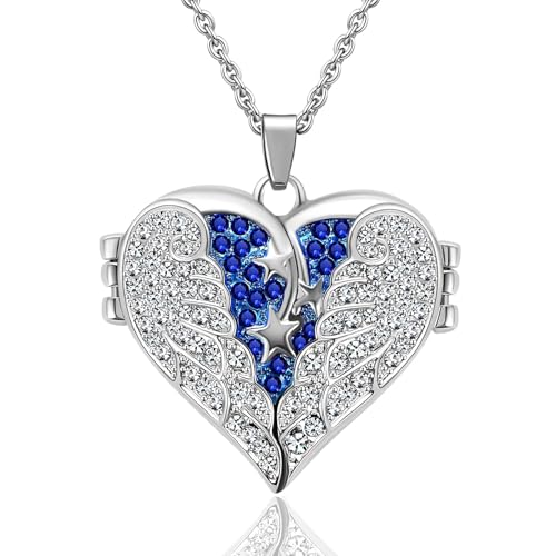 MeiceM Heart Crystal Urn Necklace for Ashes A Piece Of My Heart Lives In Heaven Cremation Jewelry Angel Wings Memorial Keepsake Pendant - color: Silver Blue