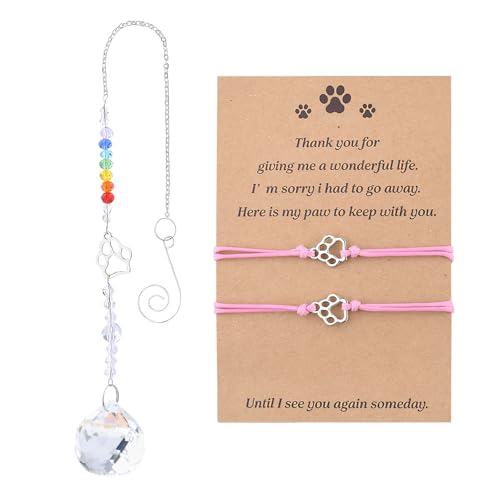 Sisadodo Rainbow Bridge Dog Memorial Gifts for Loss of Dogs Cats Rainbow Bridge Bracelet Keychains Paw Crystal Sun Catcher - color: pink