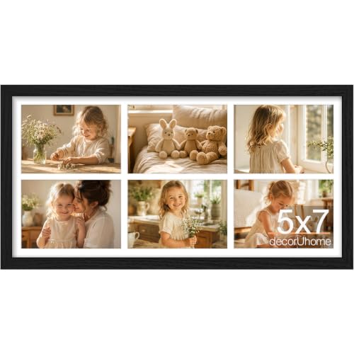 decorUhome 6 5x7 Picture frames Collage Wall Decor with Mat, MD12BK | Black 11x22 Engineered Wood Picture frame, Fits Six 5x7 Photos with Mat, 1 Pack - color: Black, size: 11x22 (6-5x7)