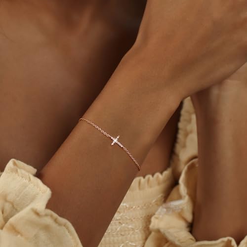 Moodear Cross Bracelet for Women, Dainty Sterling Silver/Gold Plated Gift | Christian Religious Gifts for Teen, Stocking Stuffers, Adjustable Link Bracelets, Sparkling CZ Cross, Non Tarnish Jewelry - color: CZ Rose Gold Cross Bracelet