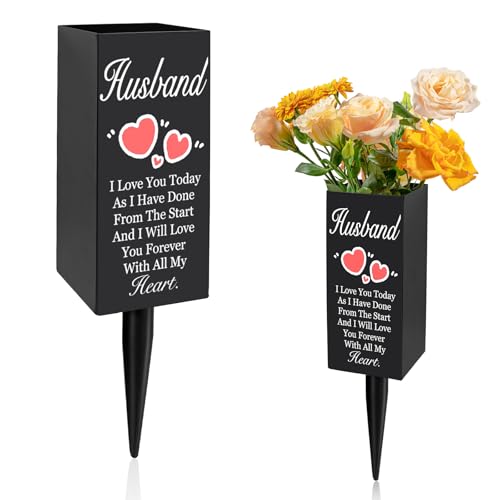 Husband Cemetery Vases for Grave, Metal Cemetery Grave Flower Vase with Stake, Husband Grave Cemetery Decorations, Metal Memorial Grave Markers, Graveside Decor Sign for Grave Outdoor Yard