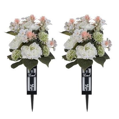 Artificial Flowers for Cemetery Grave: with Vases, White, 2 Pcs - color: White
