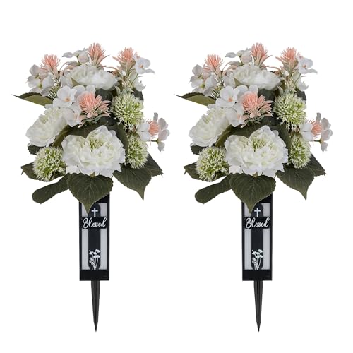 Artificial Flowers for Cemetery Grave: with Vases, White, 2 Pcs - color: White