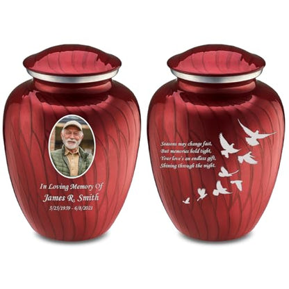 Embrace Adult Personalized Doves Cremation Urns for Human Ashes I Large Picture Pearl Candy Red Funeral Urn for Adult Men and Women with Double Side Engraving I 200 lbs - color: _Pearl Candy Red (Double Sided)