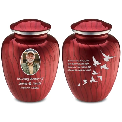 Embrace Adult Personalized Doves Cremation Urns for Human Ashes I Large Picture Pearl Candy Red Funeral Urn for Adult Men and Women with Double Side Engraving I 200 lbs - color: _Pearl Candy Red (Double Sided)