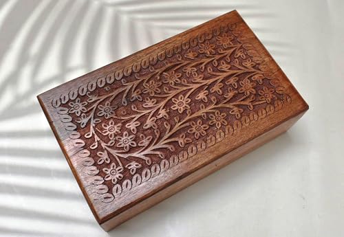 Hand Carved Wooden Jewelry Storage Box Multipurpose Decorative Vintage Style Keepsake Trinket Case Holder Treasure Chest Necklace Earring Organizer Great Gift (10x6x3 inch) - color: Design 4