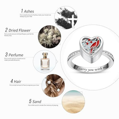 925 Sterling Silver Red Cardinal Urn Rings for Women Hold Loved Ones Ashes Memorial Ring Keepsake Cremation Jewelry for Ashes