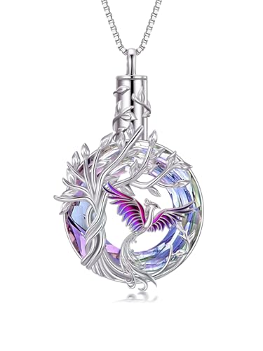 TOUPOP Phoenix Urn Necklace Cremation Jewelry for Ashes 925 Sterling Silver Crystal Phoenix Pendant with Funnel Filler Memorial Jewelry Gifts for Women - color: 01-Purple Phoenix