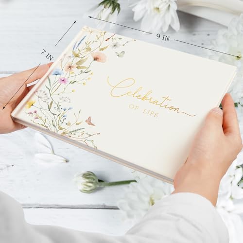 Funeral Guest Book for Memorial Service, Celebration of Life Guest Book | Book for Funeral with Pen Sign Table Card, Wild Floral Funeral Sign in Book for Guests, Memory Book for Funeral, 7 x 9 in - style: celebration of life