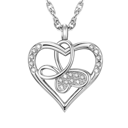 XIUDA Cremation Urn Necklace for Ashes with Crystal Butterfly Urn Jewelry Stainless Steel Memorial Keepsake Urn Pendant for Women - color: Butterfly-Heart-Silver