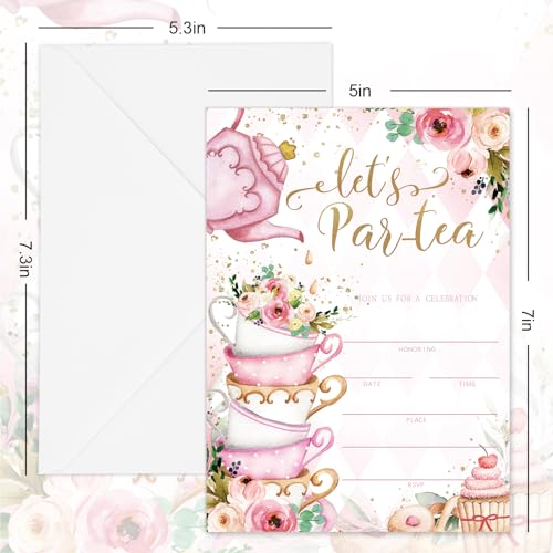 Whaline 25 Packs Tea Party Invitations 5 x 7 Inch Floral Fill-In Invitation Cards with Envelopes Stickers Sweet Dessert Blank Invites for Party Tea Time Birthday Supplies - style: Tea Party