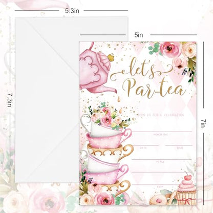 Whaline 25 Packs Tea Party Invitations 5 x 7 Inch Floral Fill-In Invitation Cards with Envelopes Stickers Sweet Dessert Blank Invites for Party Tea Time Birthday Supplies - style: Tea Party