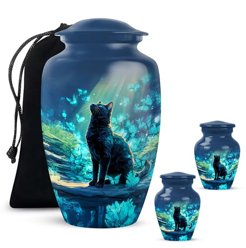 Yatskia Cat with Blue Butterflies at Spring Decorative Large Memorial Urn for Ash Adult Brother and Sister, Small Funeral Urns for Human Ashes Keepsake, (Classic 10 Inch and 3 Inch) - color: #4 Cat, size: 10 Inch and 3 Inch (Pack of 3)