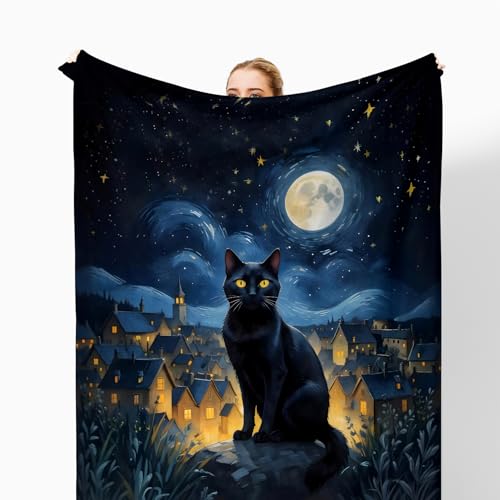 Starry Night Moody Black Cat Throw Blanket for Couch, Cat Blanket for Women Lovers, Mystical Celestial Black Kitten Throw Blankets for Bedroom Living Room Home Decoration, 50x60 Inches - color: Color_11