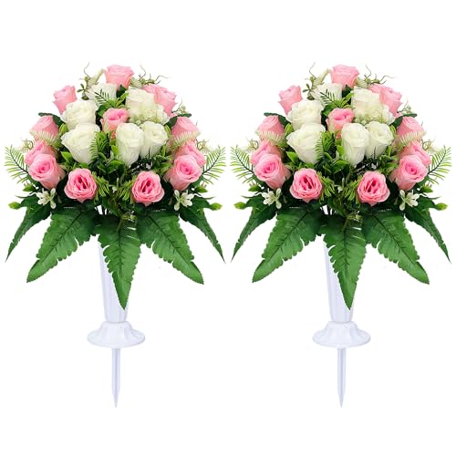 Cemetery Flowers for Grave Memorial Grave Flowers with Vases for Cemetery Grave Decoration 2sets - color: Pink