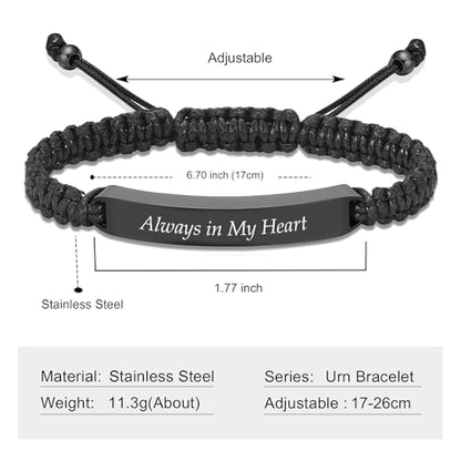 Imrsanl Cremation Jewelry Urn Bracelet for Ashes - Braided Adjustable Bracelet for Men Women - Manmade Urn Jewelry - color: Black-Always in My Heart