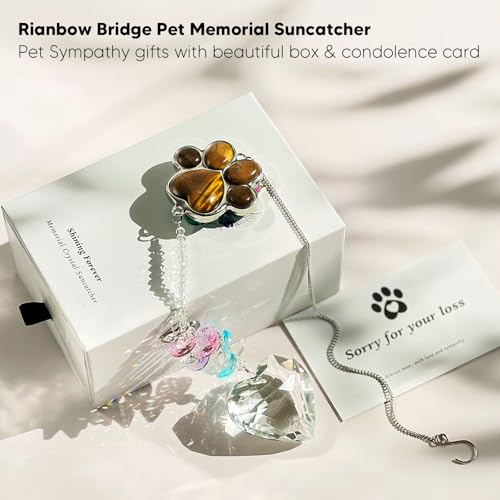 Dog Memorial Gifts, Pet Memorial Suncatcher, Loss of Dog Sympathy Gift | Thoughtful Dogs and Cats Bereavement Remembrance Gifts, Natural Cat's Eye Stone Paw Crystal Suncatcher - color: Gold Tiger Eye