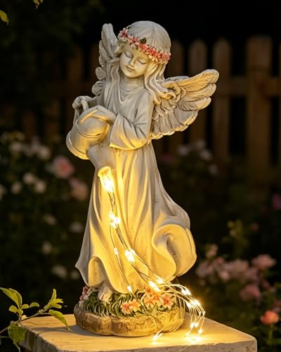 Solar Angel Statue, Warm Light Resin Garden Decor, 10 Inch | Hand-Painted, Weatherproof, Soft Warm Flowing Light, Gift for Women, Peaceful Accent