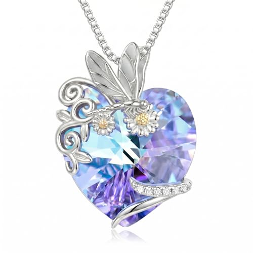 Dove/Hummingbird/Red Cardinal/Dragonfly/Butterfly Necklace 925 Sterling Silver Turquoise/Opal/MoonStone/Crystal/Malachite Bird Necklace Dove Pendant Jewelry for Women Men - color: Dragonfly Crystal