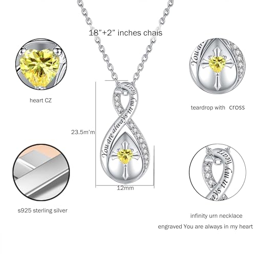 ZOEXUE Infinity Cross Cremation Jewelry - S925 Sterling Silver Cross Urn Necklace for Women - Birthstone Cross with Heart CZ Ashes Keepsake Pendant Memorial Urn Jewelry Gift for A Loss Loved Ones - color: Yellow