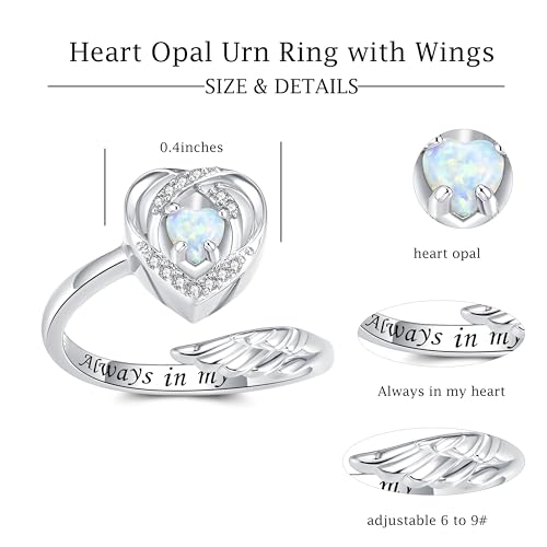 Sterling Silver Urn Rings for Ashes for Women: Angel Wing Opal Cremation Jewelry Rings for Ashes of Loved Ones - Cat Dog Memorial Keepsake Open Adjustable Ring Jewelry for Women - style: heart urn ring