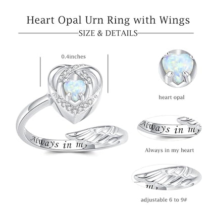 Sterling Silver Urn Rings for Ashes for Women: Angel Wing Opal Cremation Jewelry Rings for Ashes of Loved Ones - Cat Dog Memorial Keepsake Open Adjustable Ring Jewelry for Women - style: heart urn ring