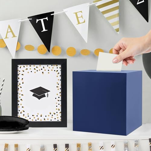 Hooqict Navy Blue Card Box with Slot 9.1" Wedding Favor Gift Card Box for Party, Reception, Graduation, Birthday, Wedding, Bridal or Baby Shower, Raffle Ticket Money Envelope Holder - color: Blue