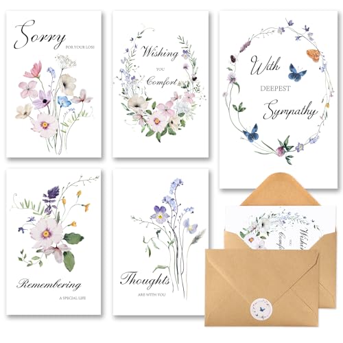 C2U Sympathy Cards with Envelopes – 20 Pack Condolence & Thinking of You Cards with Stickers – Elegant Floral Designs & Heartfelt Messages