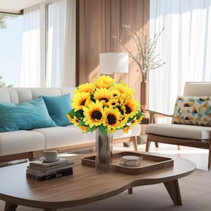 Artificial Cemetery Flowers for Grave Decorations - 4 Sunflower Bouquets with 2 Vases & Spikes - Lifelike Memorial Flowers for Cemetery Headstones Decoration ﻿ (Yllow)