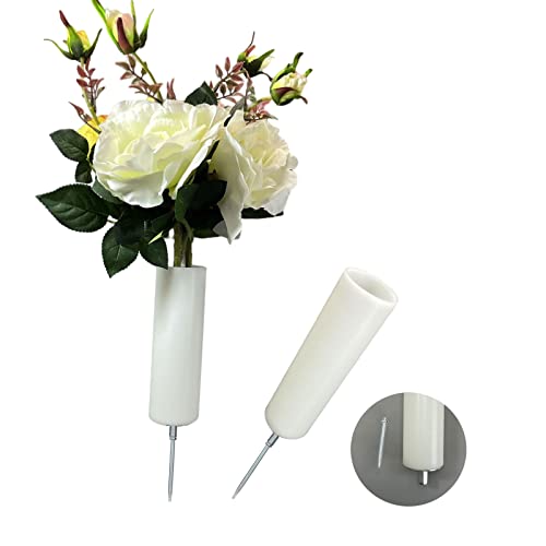 2 Pcs White Cemetery Grave Vase with Spikes Cylindrical Flowers Holder Decorations for Cemetery with Metal Spikes for Garden Yard 11 Inch (White, 2)