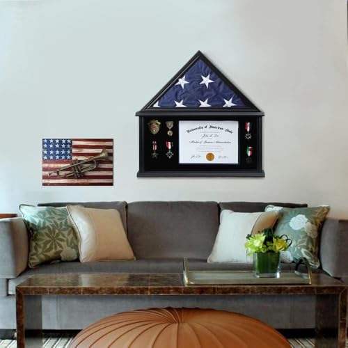 American Flag Shadow Box 5x9.5 Wooden Certificate Holder Black - size: Large-Black