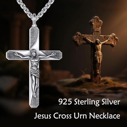 925 Sterling Silver Cross Necklace for Men & Women Crucifix Jesus/Cross Pendant with 22"+2" Stainless Steel Chain Jewelry Gift for Christmas, Father's Day, Mother's Day, Birthday-Gift Box Included - style: C04 Crucifix Urn