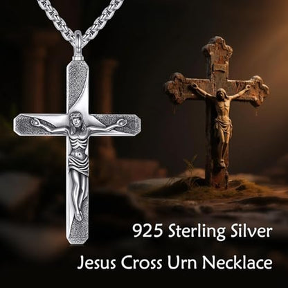 925 Sterling Silver Cross Necklace for Men & Women Crucifix Jesus/Cross Pendant with 22"+2" Stainless Steel Chain Jewelry Gift for Christmas, Father's Day, Mother's Day, Birthday-Gift Box Included - style: C04 Crucifix Urn