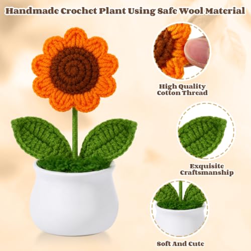 9 Pack Sunflower Crochet Flower Bouquet Pot Bulk Sunflower Thank You Gifts Handmade Knitted Flower Mini Floral Plant for Women Coworker Summer Wedding Home Table Car Decor - style: Sunflower
