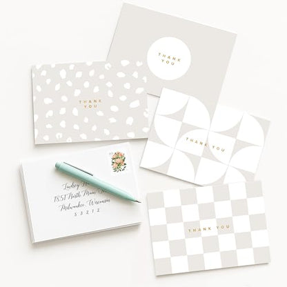 ThreeKin Collective 24-Pack Thank You Cards - 4 Elegant Beige Designs (6 Each) | 3.5” x 5” Folded Cards with Real Gold Foil Stamp | Wedding, Bridal, Baby Shower, and Party Stationery, USA Business - style: Beige