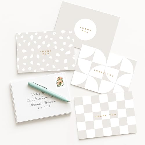 ThreeKin Collective 24-Pack Thank You Cards - 4 Elegant Beige Designs (6 Each) | 3.5” x 5” Folded Cards with Real Gold Foil Stamp | Wedding, Bridal, Baby Shower, and Party Stationery, USA Business - style: Beige