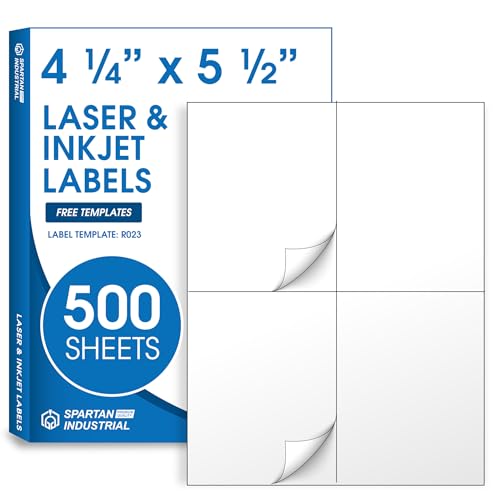4.25" X 5.5" Matte White Printable Shipping Labels | (500 Sheets, 2000 Stickers) Large Address and Mailing Labels for Laser & Inkjet Printers - Spartan Industrial Template R023 - style: 2000 Labels