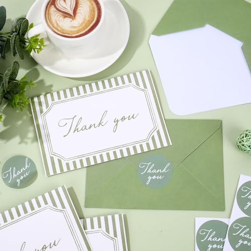 Whaline 24Pcs Sage Green Thank You Cards with Envelopes & Stickers | Blank Note Cards, Minimalist Green Stripe, Wedding Birthday Baby Shower, 4 x 6 Inch - color: Sage Green